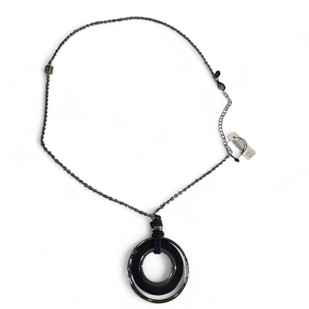 CHICO'S Silvertone Chunky Blue Pendant Statement Necklace 30"-34" Long NWT